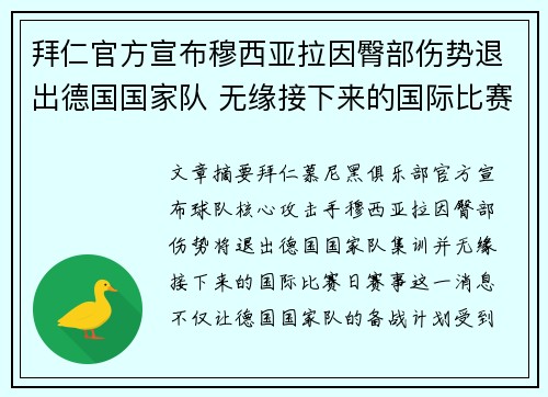 拜仁官方宣布穆西亚拉因臀部伤势退出德国国家队 无缘接下来的国际比赛